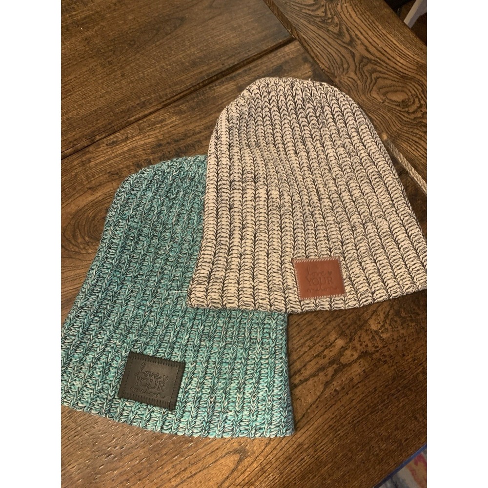 Love Your Melon Beanie Set Cozy Knit Unisex Oatmeal & Teal One Size Fits All